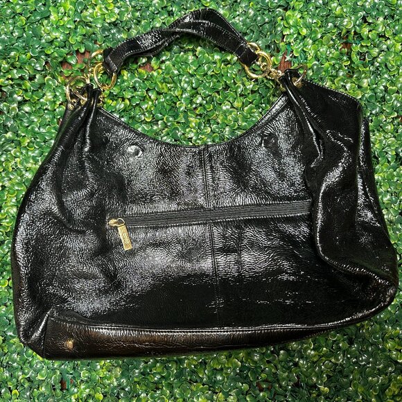 Hobo International Black Crinkled Patent Leather Bag Purse Gold Accent Shoulder - Picture 1 of 6